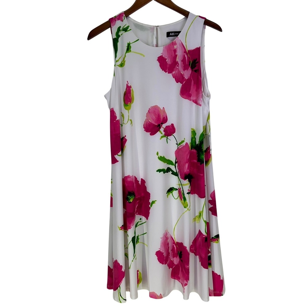 Anne Klein Floral Sleeveless Trapeze Dress‎ Ivory Pink Fusion 10754492-AN3 Large